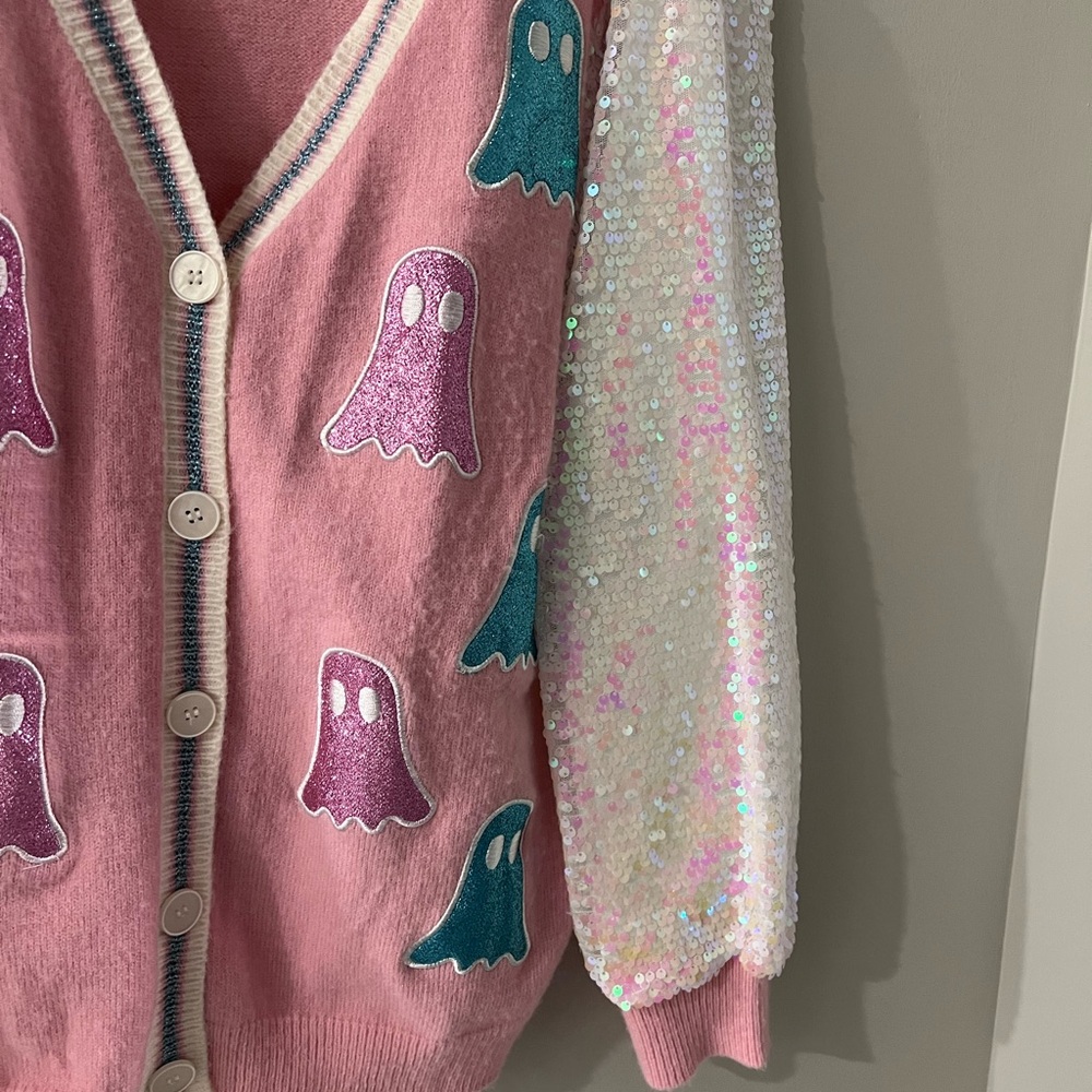 Pink Ghost Patterned Sweater With Sequin Sleeves - image 3